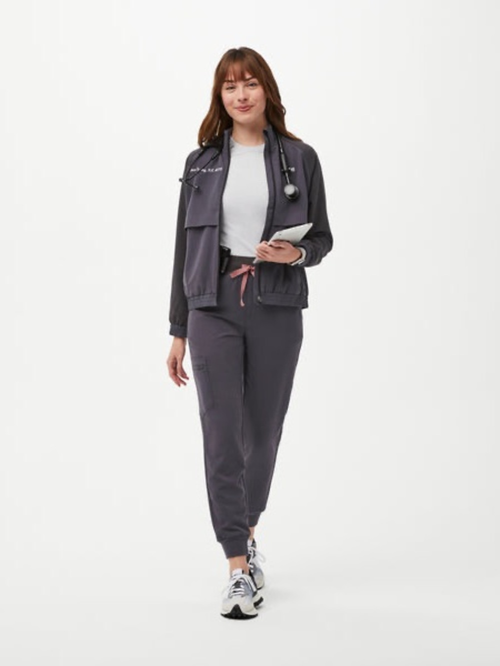 Figs Women's Charcoal Zamora HW Jogger Pants with Pink Drawstring